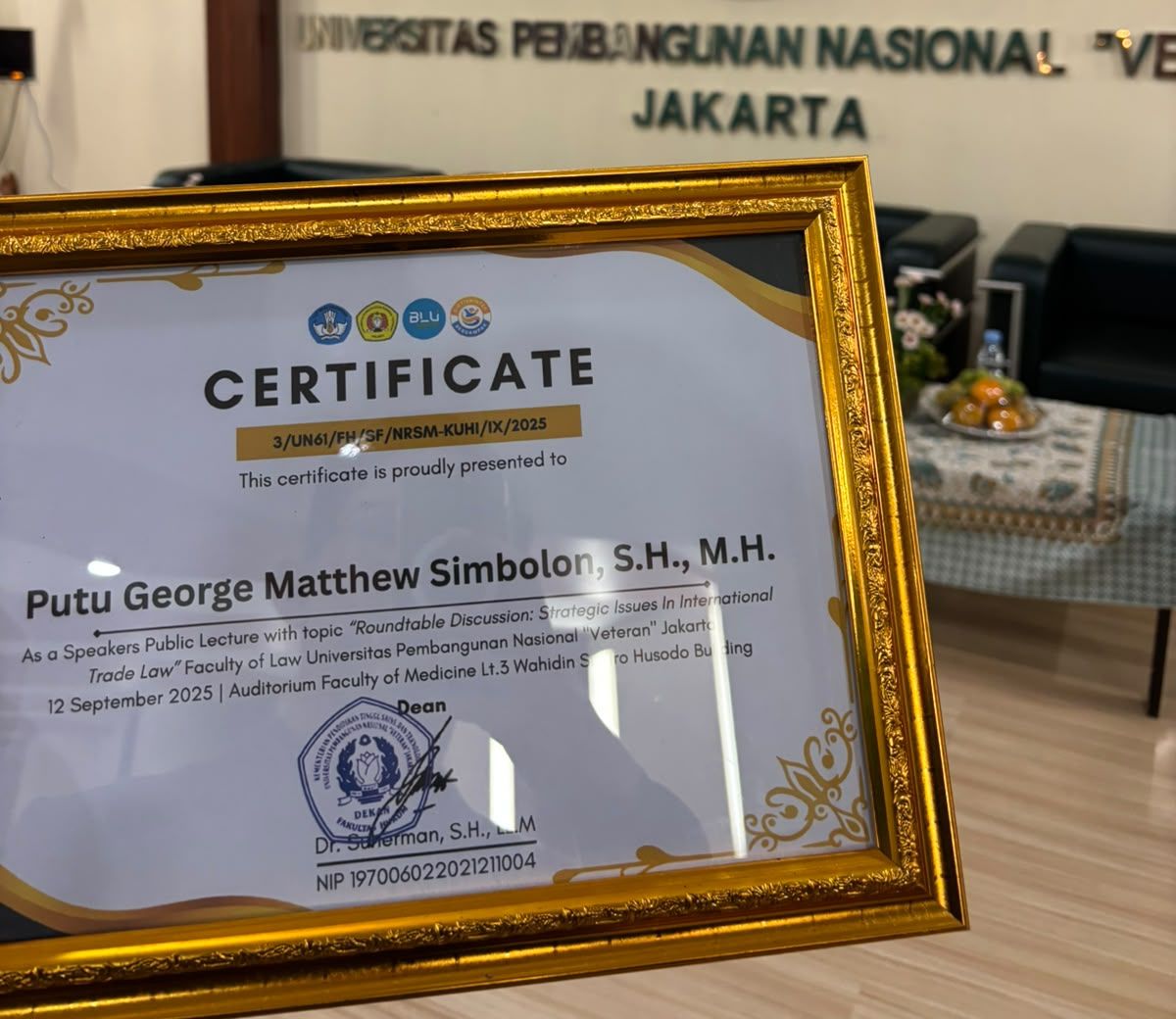 Speaker certificate from the Faculty of Law, UPN Veteran Jakarta