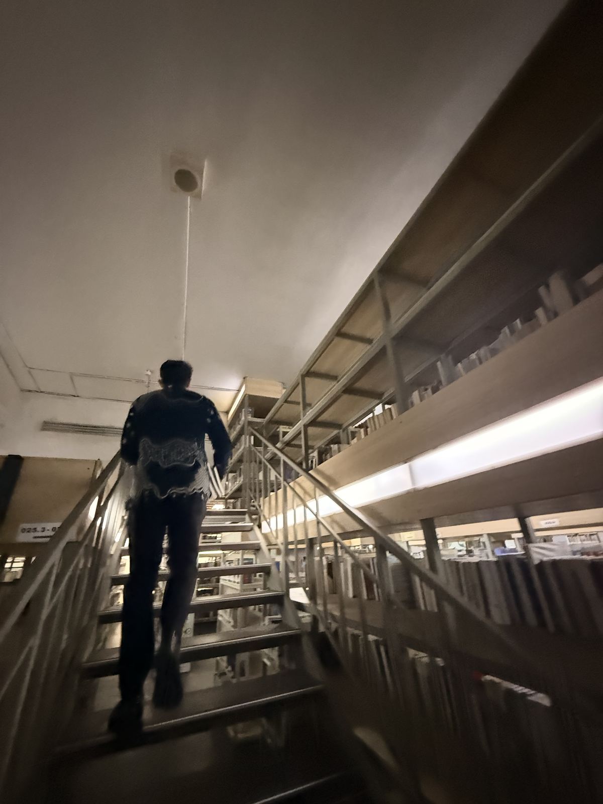Dr. (Cand.) Putu George Matthew Simbolon, S.H., M.H. climbing the stairs between library stacks